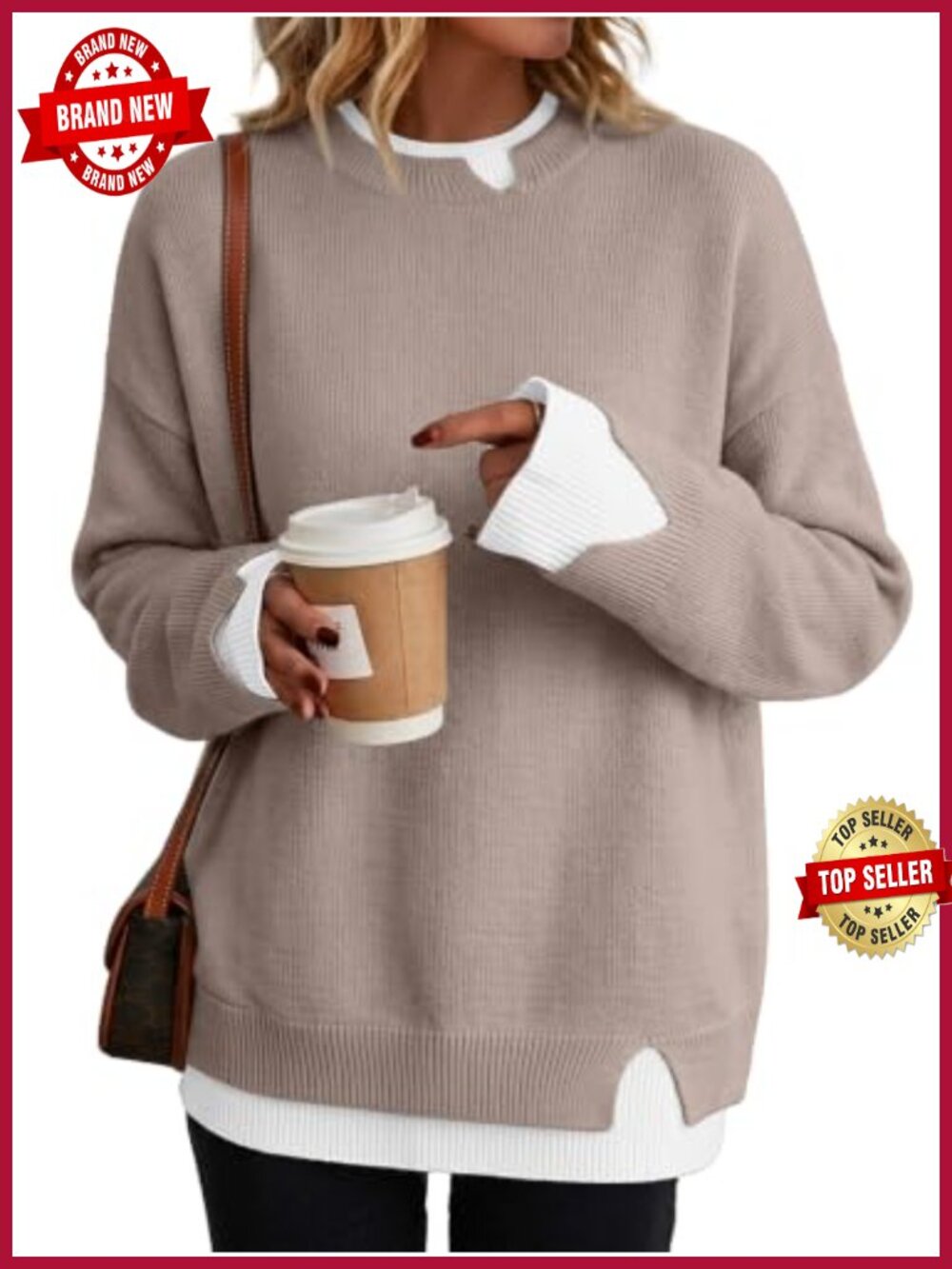 Oversized Patchwork Sweater Slit Cuffs Crew Neck Viscose Blend Fall